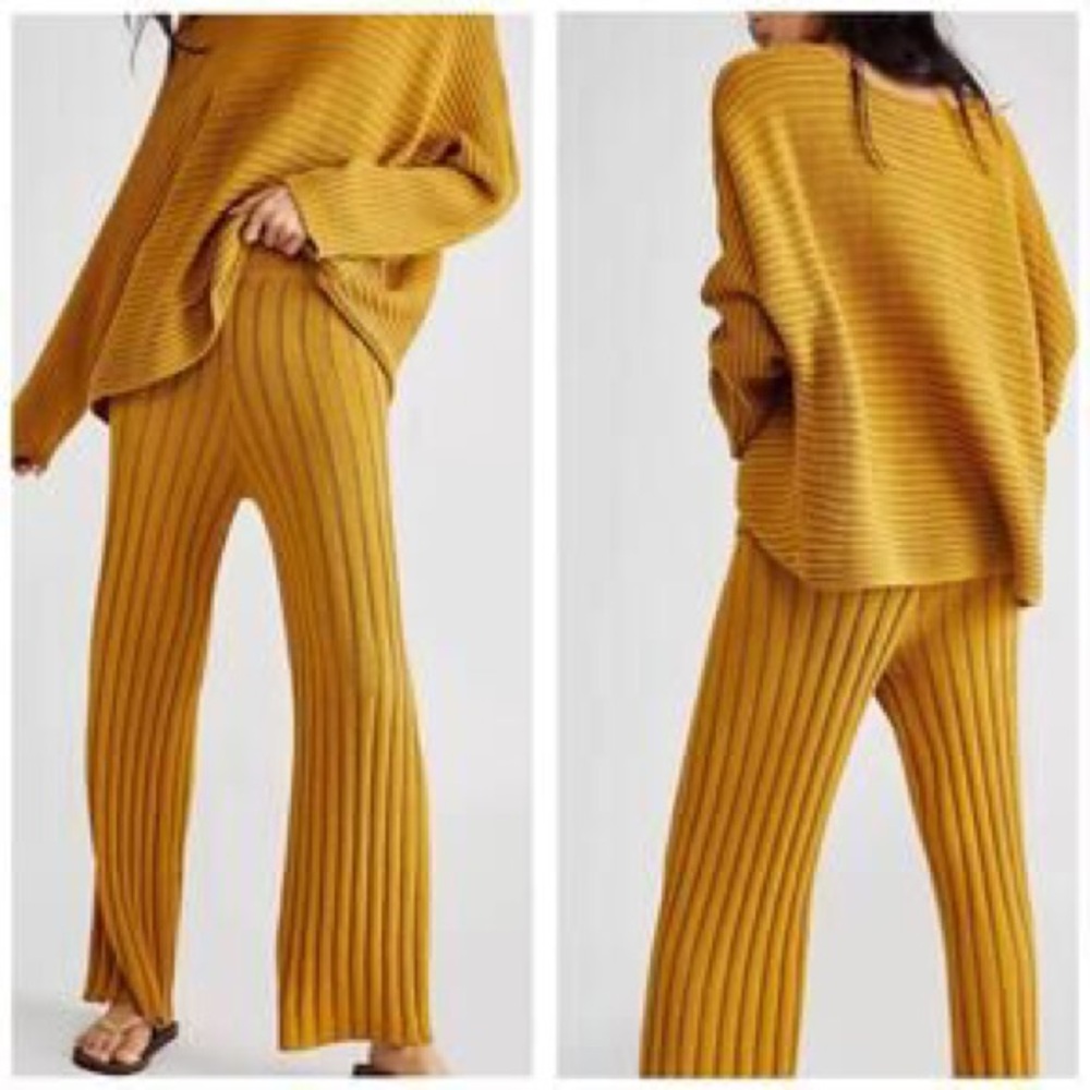 Free People FP Beach Ribbed Sweater Pants Pull On Straight Leg Gold Yellow